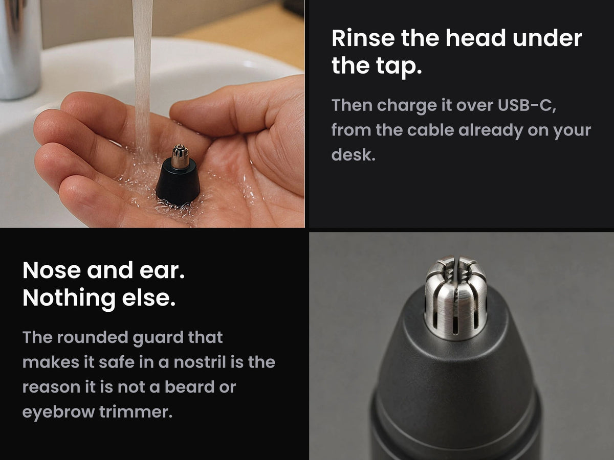 Mr. Bold Nose & Ear Hair Trimmer head rinsed in a palm under a tap, and a close-up of its slotted metal guard