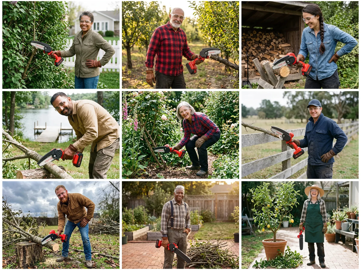 Nine people with the WoodRanger mini chainsaw in their yards: a lilac hedge, an orchard, a woodshed, a fallen limb by a lake, a rose bed, a fence line, a storm-down tree, a vegetable garden and a lemon tree