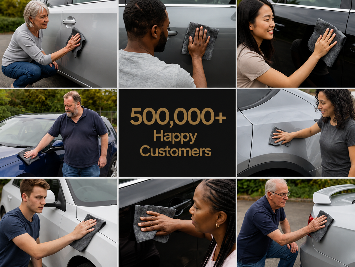 Grid of eight people wiping car doors and panels with the NanoPolix Nano Sparkle Cloth around a center text tile