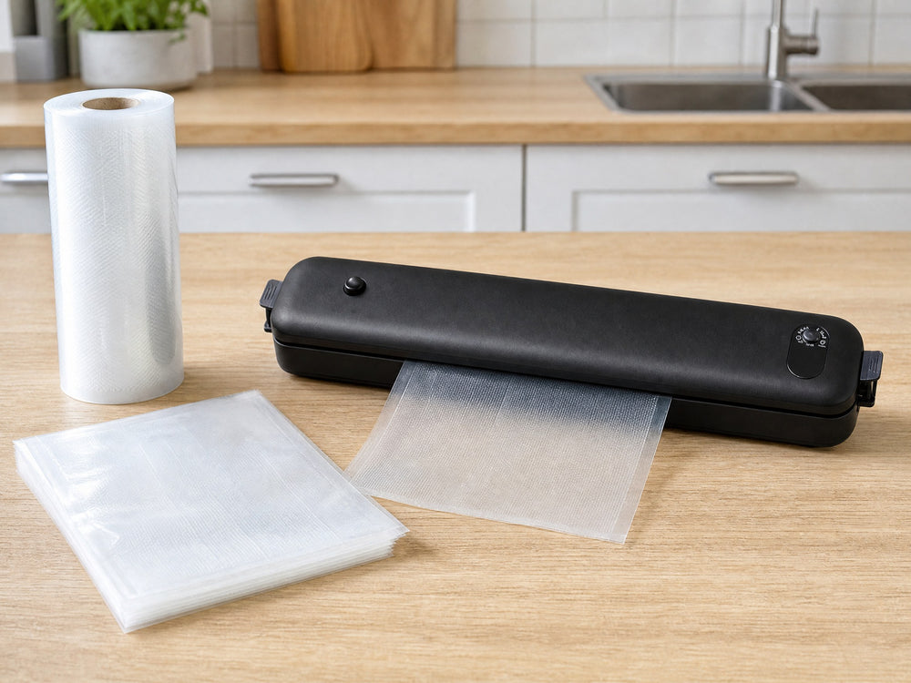 The sealer beside a roll of bag material and a stack of pre-cut bags