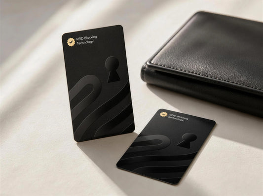 Guardality RFID and NFC blocking cards beside an everyday wallet