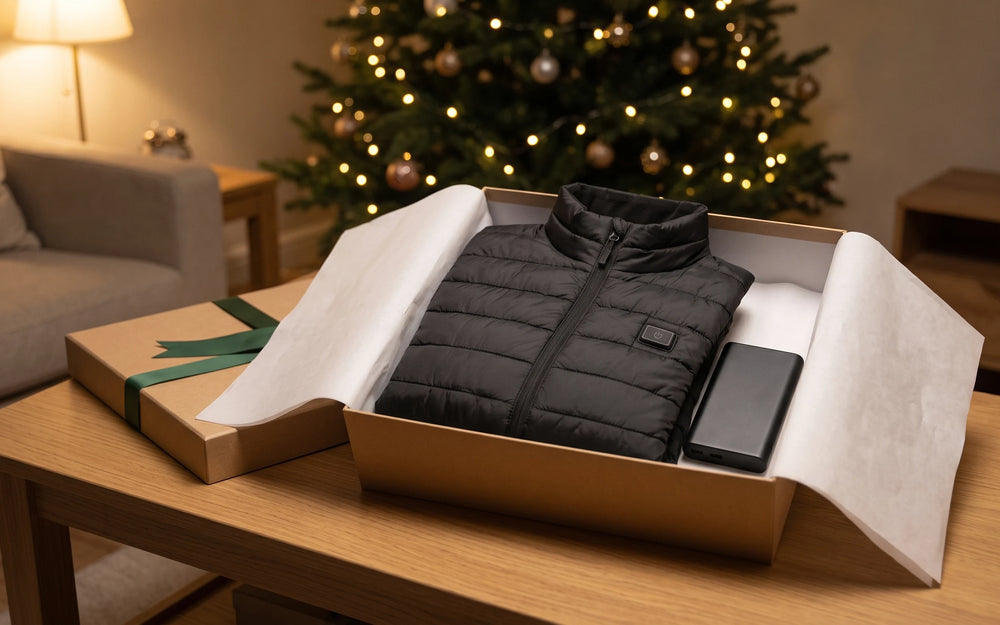 A plain gift box opened on a living-room table with the black vest and its power bank inside