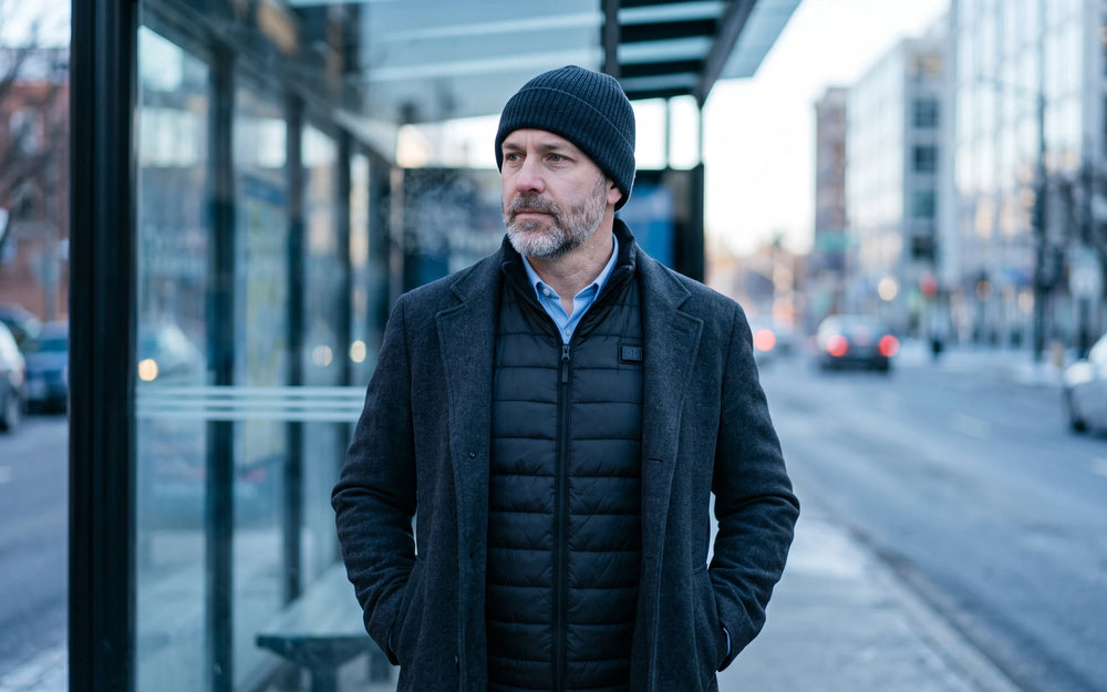 A man at a winter bus stop with an open wool coat over the zipped black heated vest