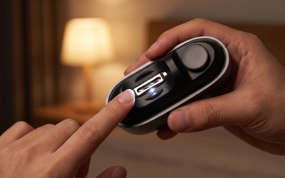 The clipper held over a fingernail in a dim room, the LED lighting the nail