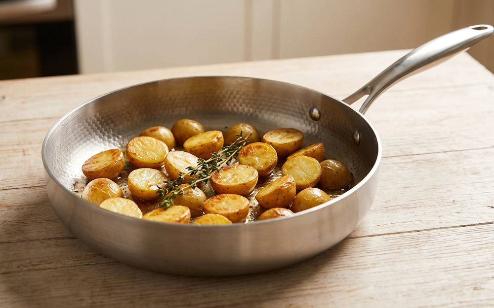 Potatoes browning evenly from the center to the edge of the high-walled pan
