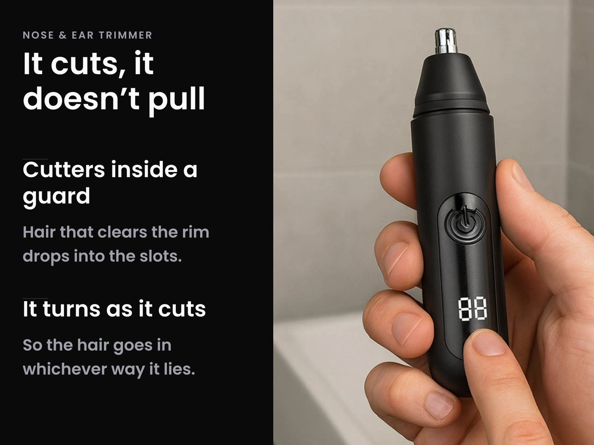 Hand holding the Mr. Bold Nose & Ear Hair Trimmer beside a dark panel describing cutters inside a guard