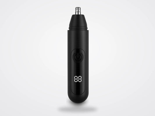 Mr. Bold Nose & Ear Hair Trimmer in black, standing upright with power button and digital display on a light gray backdrop