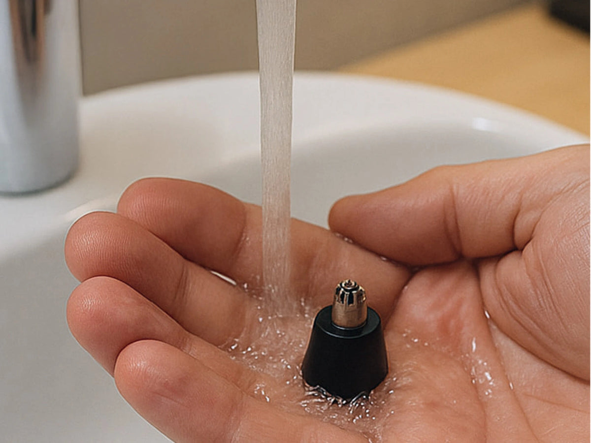 Mr. Bold Nose & Ear Hair Trimmer head resting in an open palm under running tap water over a white sink