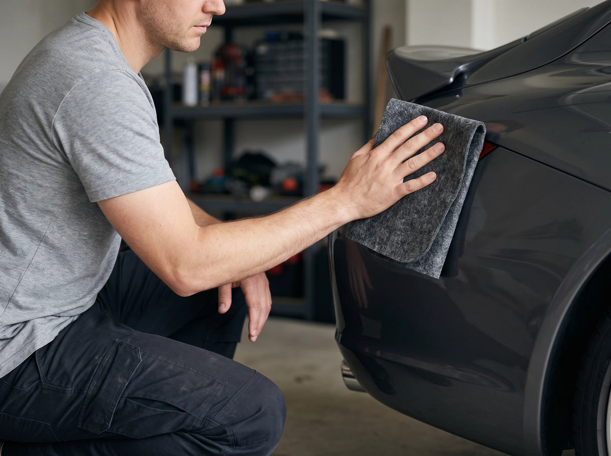 Man crouching in a garage, holding the NanoPolix Nano Sparkle Cloth against the rear corner of a dark gray car