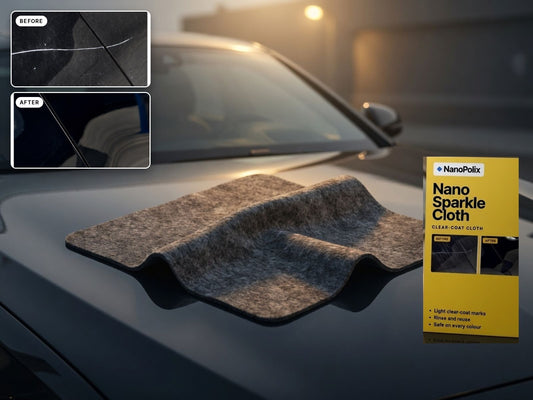 NanoPolix Nano Sparkle Cloth on a car hood, yellow box beside it, before and after a light clear-coat mark.