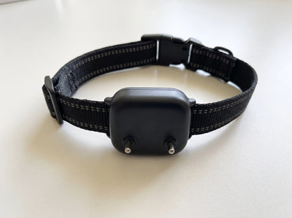 Underside of the NooBark Anti-Bark Collar module with two metal contact posts, on a black strap with side-release buckle