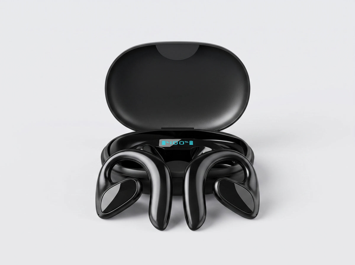 SonaBuds open-ear translation earphones in front of their charging case