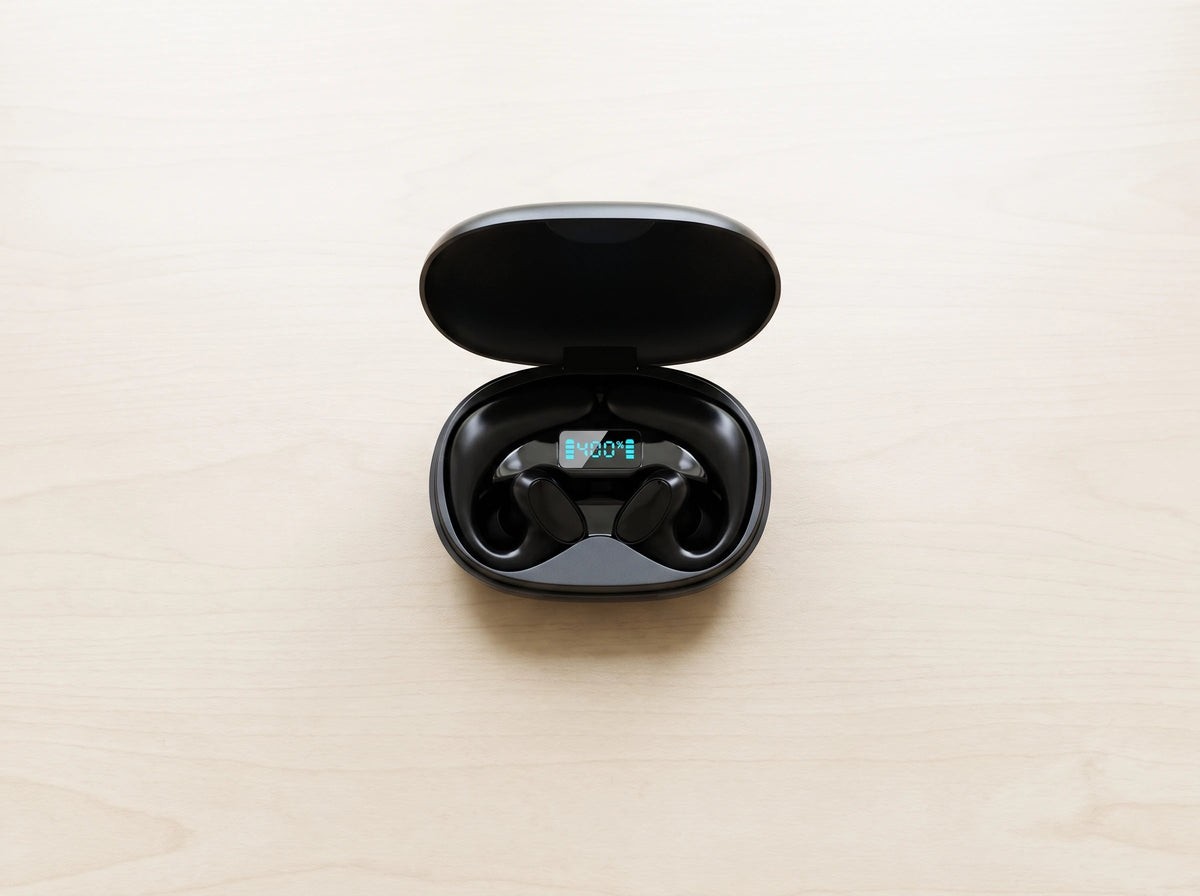 The SonaBuds charging case open with both earphones inside