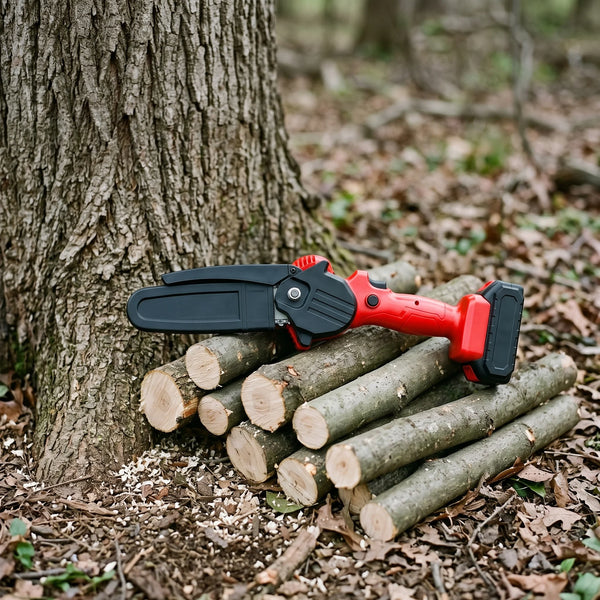 A small red saw resting on a stack of cut limbs at the foot of a large tree trunk